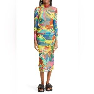 Farm Rio x Smiley Leopards Jungle Ruched Long Sleeve Midi Dress Colorful Mesh